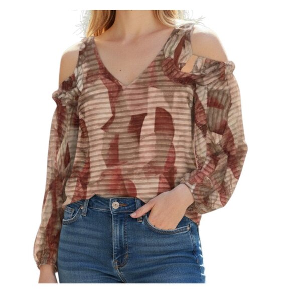Adrienne Landau Asymmetrical Ruffled 3/4 Sleeve off shoulder flowy Blouse L - Picture 1 of 12